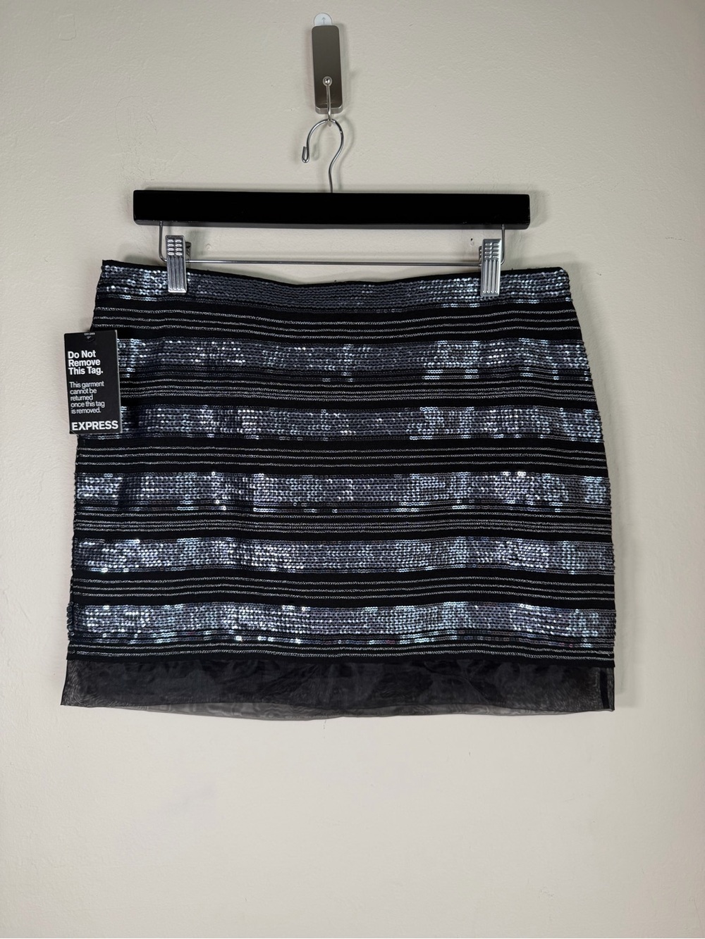Express Black and Silver Sequin Stripe Mini Skirt